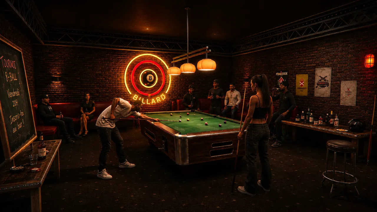Une partie de billard entre amis dans un bar, les activités et loisirs d'OOB
