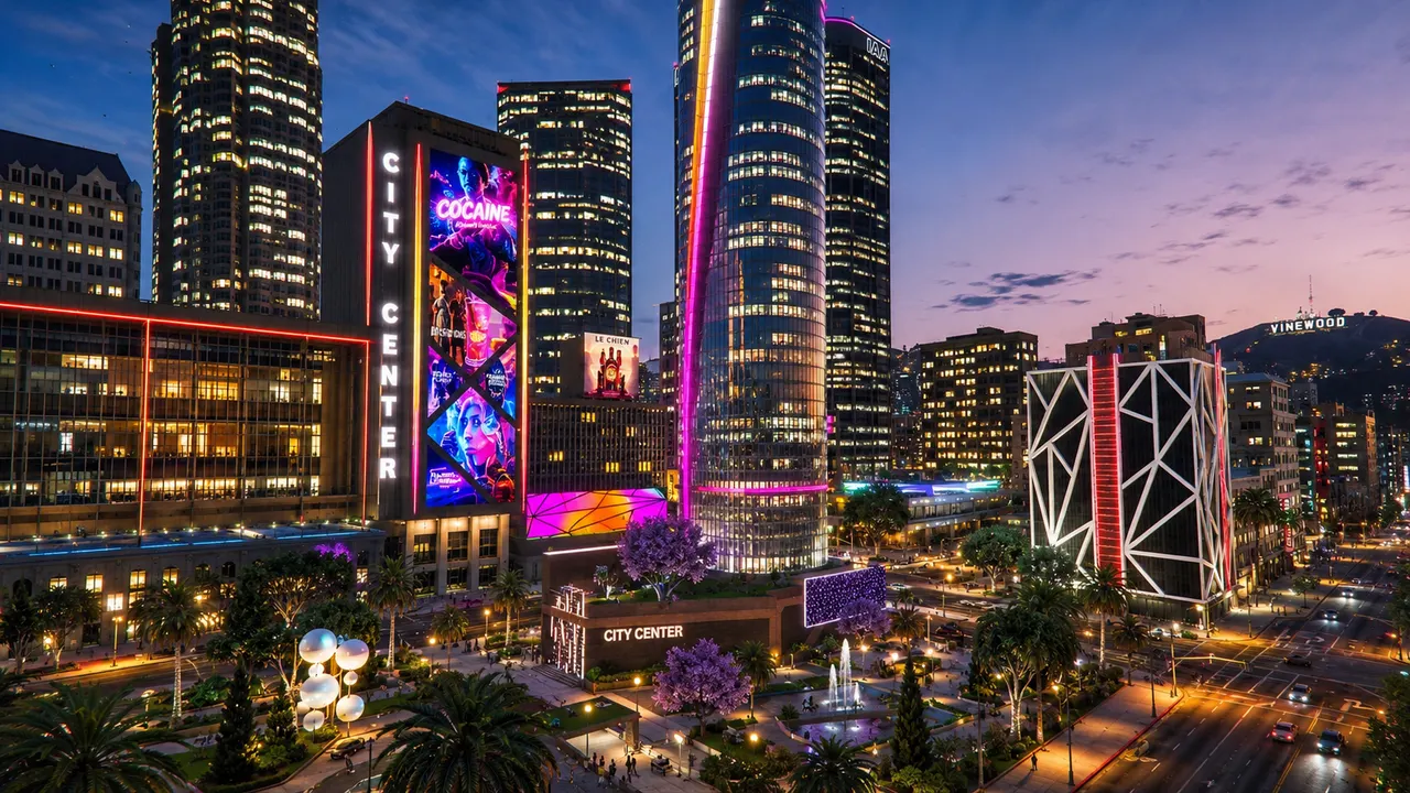 Le centre-ville de Los Santos de nuit sur le serveur GTA RP OOB